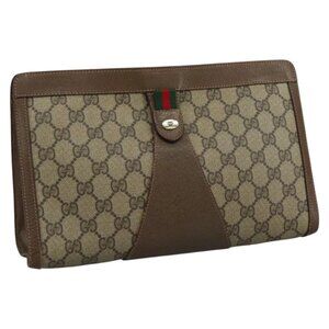 GUCCI GG Supreme Web Sherry Line Clutch Bag PVC Beige Red 89 01 033 Auth 111492